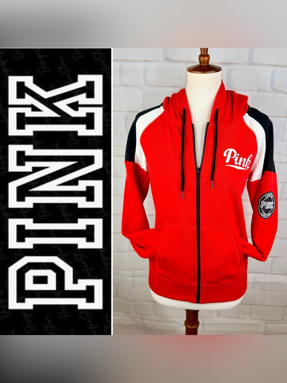 { PINK Victoria's Secret}  Red, Black & White Color-block Zip Hoodie Jacket